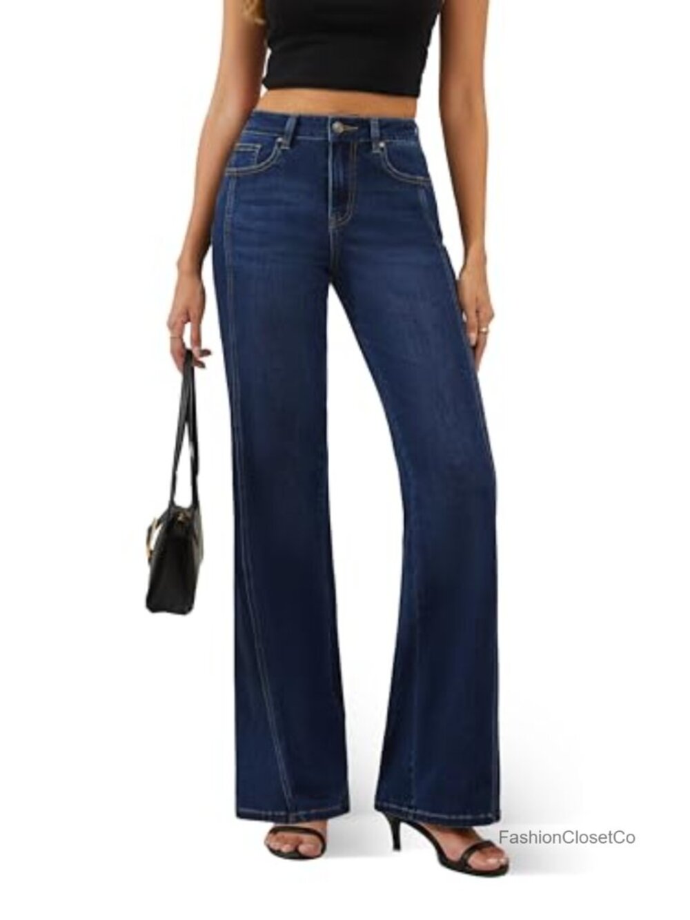 High Rise Wide Leg Jeans Stretchy Cotton Denim Pants